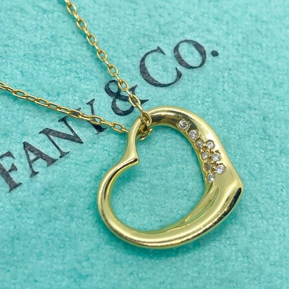 Tiffany & Co. Peretti 18K Gold Diamond 15mm Open Heart Pendant Necklace 18" - Picture 4 of 13